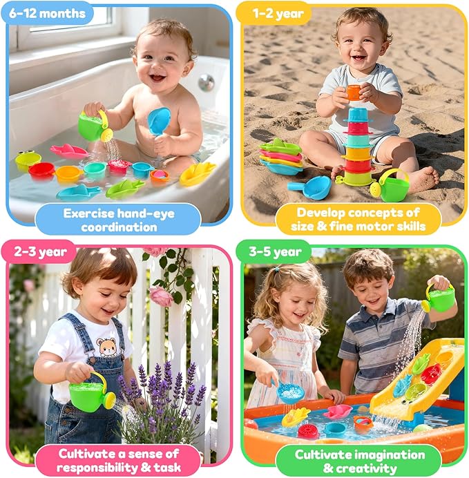 Baby Bath Toys for Kids Ages 1-3 Toddler Bath Toys Mold Free Bathtub Toys for 12+ Months Pool Water Table Beach Sand Toys Stacking Cups Floating Boats for 1+ Years Old Girls Boys Gifts 13 PCS