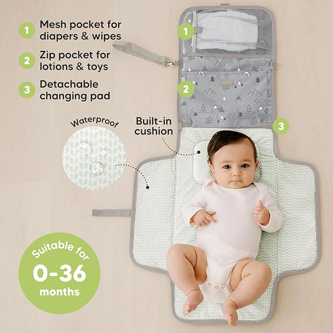 KeaBabies Portable Diaper Changing Pad - Large Waterproof Baby Changing Mat, Compact Travel Diaper Clutch, Functional Pockets Fit Newborn Essentials, Wipeable & Padded Baby Changer (Woodland)