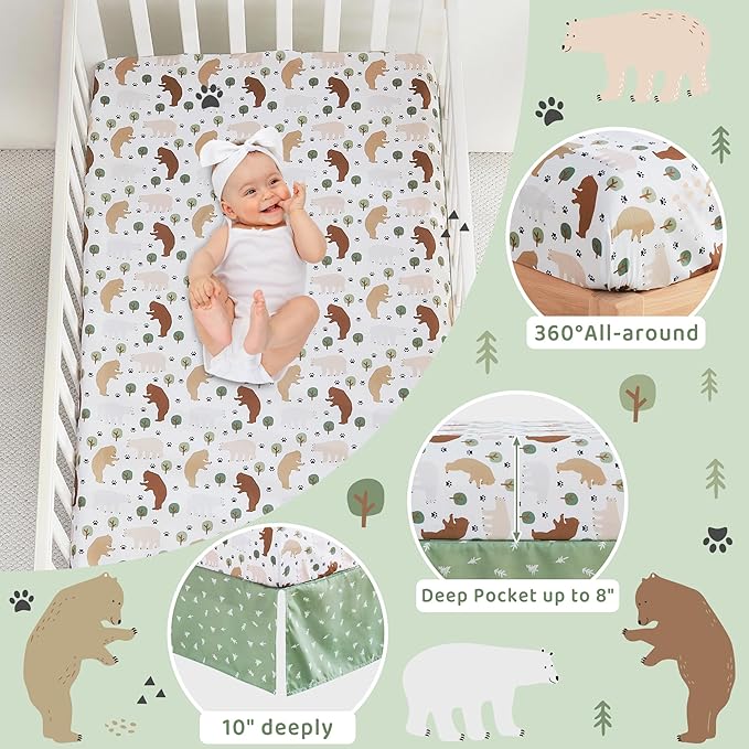 3 Piece Baby Crib Bedding Set, Infant Nursery Bed Set Decor with Quilt + Fitted Crib Sheet + Skirt, Baby Bedding Set Breathable and Soft for Baby Boy and Girl - Forest Bear