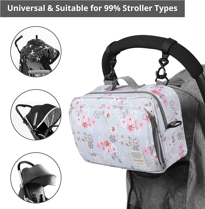 GOGOSO Baby Stroller Organizer Bag with Insulated Pocket, Universal Fit Most Strollers, Space for Diapers, Wipes & Toys, Flowers