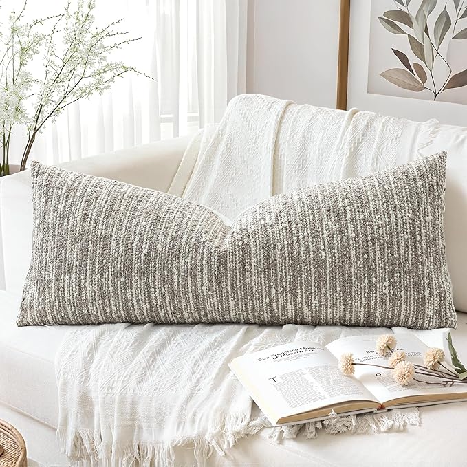Artscope Lumbar Throw Pillow Cover 14x36 Super Thick Body Pillow Cover Decorative Boucle Textured Neutral Accent Italian Style Pillowcase for Bedroom Living Room Couch Sofa Home Décor-Taupe Grey