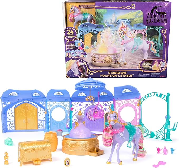 Unicorn Academy, Starglow Light-up Fountain & Stable Playset, Easter Gifts Idea, Dolls & Unicorn Toys, Includes Wildstar, 24 Accessories, Sound Effects
