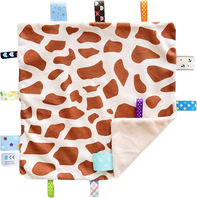 CREVENT Tag Security Blankets for Babies, Soft Small Loveys for Boys, Baby Comforter Sensory Blanket, Great Gifts for Birthday Baby Shower (10"X10" GiraffeDot+Purple)