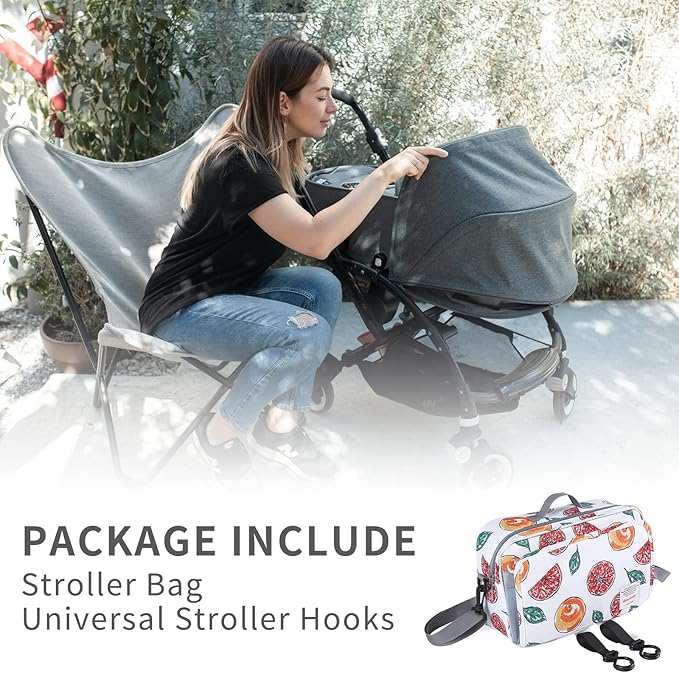 Non-Slip Stroller Organizer Bag for Diapers with Insulated Pocket, Stroller Hooks and Adjustable Strap,Universal Fit Most Strollers, Fruits