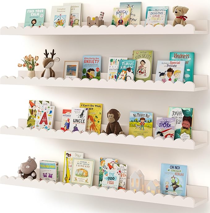 Shario Nursery Book Shelves, 4-Pack White Floating Shelves for Wall Kids, Scalloped Shelves, Wall Book Shelves for Bedroom Kids, Toddler Room, Baby Room, Nursery Decor (White, 36 Inches)