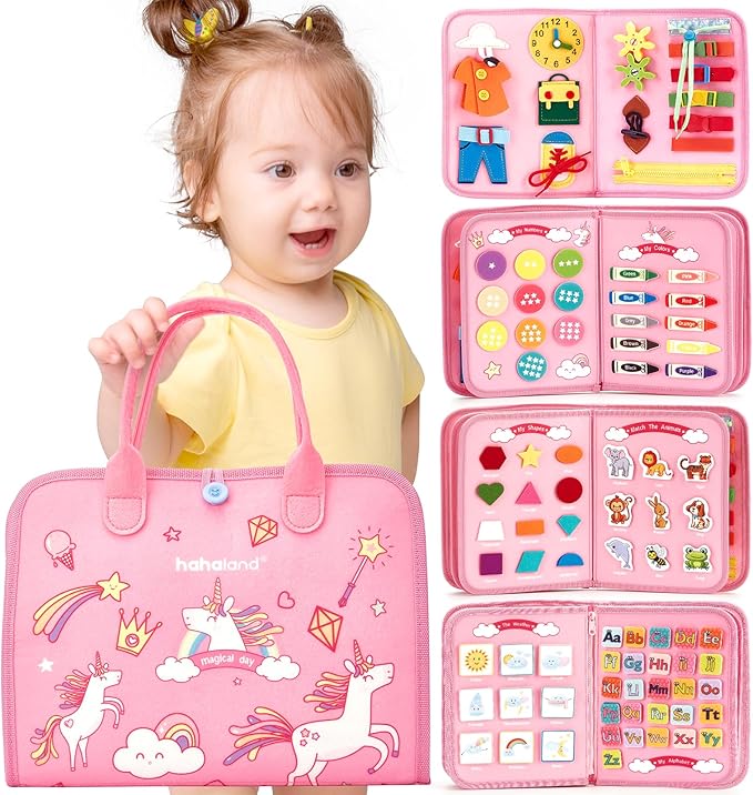 hahaland Toddler Busy Board Montessori Toys for 3 Year Old Girl Gifts, Educational Learning Toys with Life Skills, Alphabet, Number, Shape, Color, Easter Basket Stuffers Travel Sensory Busy Book Age 3