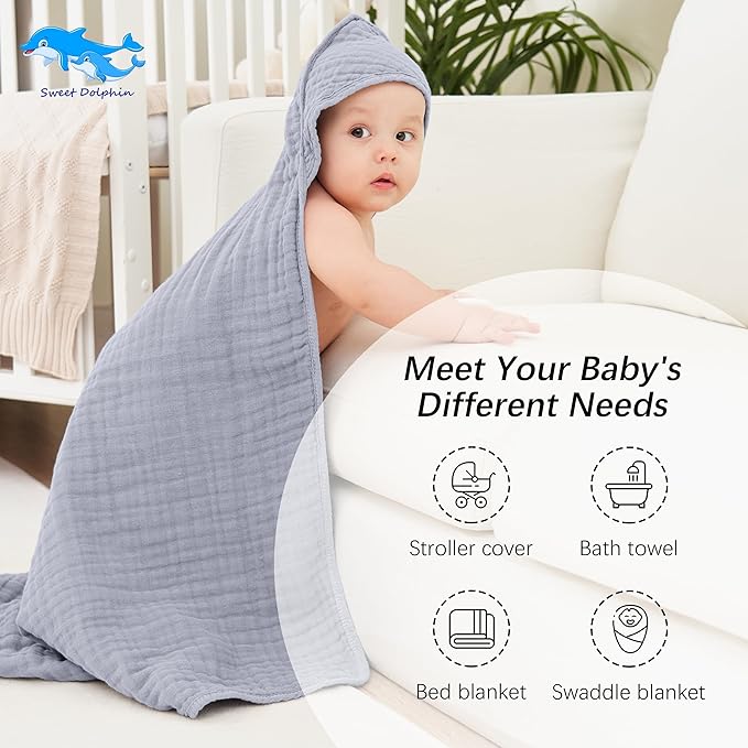 SWEET DOLPHIN Muslin Hooded Baby Bath Towels - 2 Pack 100% Cotton Towel for Babies, Infants, Toddlers - 32x32Inch - Highly Absorbent and Newborn Essential, Grey