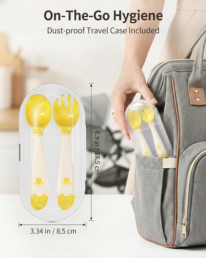 Deejoy Toddler Utensils, Self-feeding Flatware Set withTravel Case, Baby Spoons and Forks with Silicone Bendable Handle, Easy Grip Heat-Resistant, Ideal for Kids, Stage 2, 2 Sets Yellow+Blue
