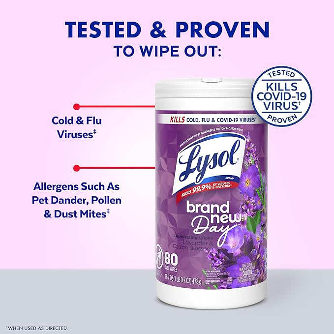 Lysol Disinfectant Wipes, Multi-Surface Antibacterial Wipes For Disinfecting, Dorm Room Essentials, Cleaning Supplies for Home, Bathroom, Lavender & Cotton Blossom Scent, 80 Count
