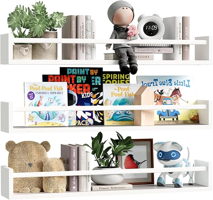 Fixwal Nursery Book Shelves, 23.6 Inch Floating Bookshelf for Wall, Set of 3, Nursery Decor, Solid Wood Wall Mounted Shelves for Books, Toys and Decor Storage (White)