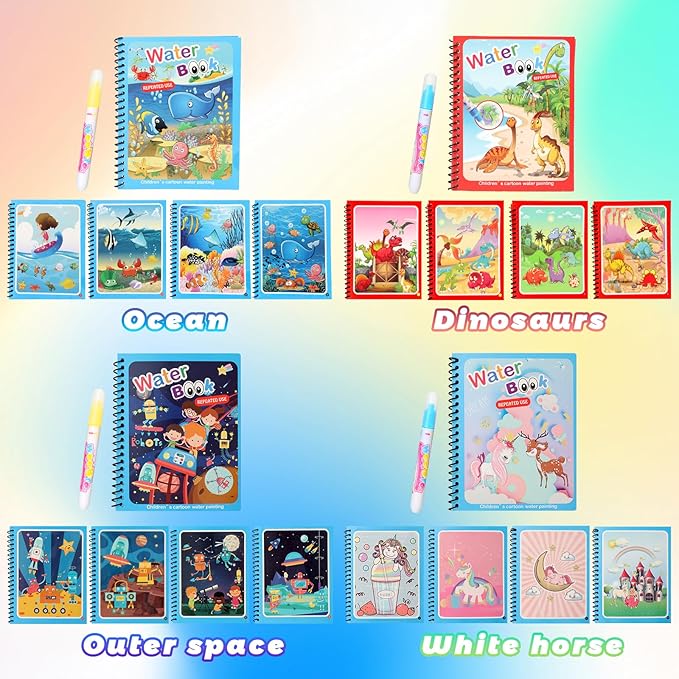 8 Pack Reusable Water Coloring Books for Toddlers, Paint with Water Books,Mess-Free Coloring Book, Portable Educational Doodle Drawing Toy, Improving Children's Imagination, Color Perception