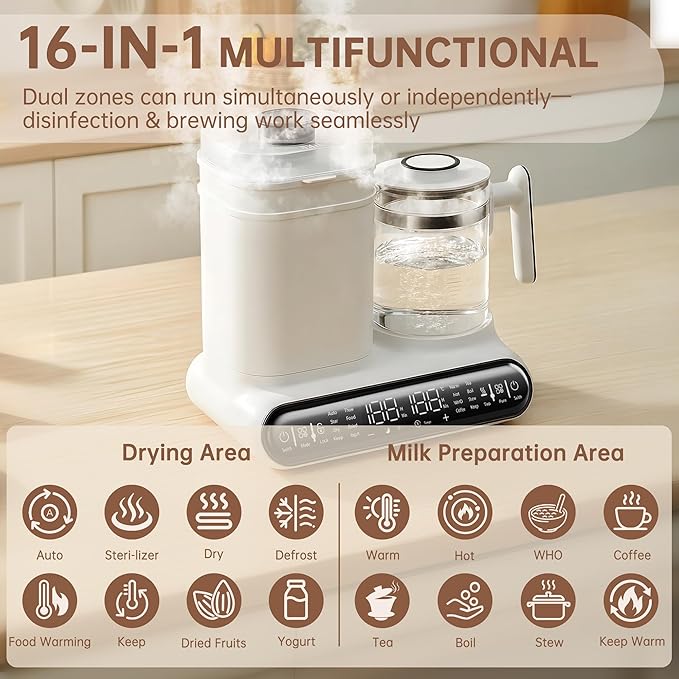 Baby Bottle Warmer, Steamer & Dryer, 16-in-1 Fast Milk Warmer with Timer for Breastmilk & Formula, 1.2L Electric Kettle with Accurate Temp Control, Thaw, Steri-lizing, Keep Warm, Heat Food