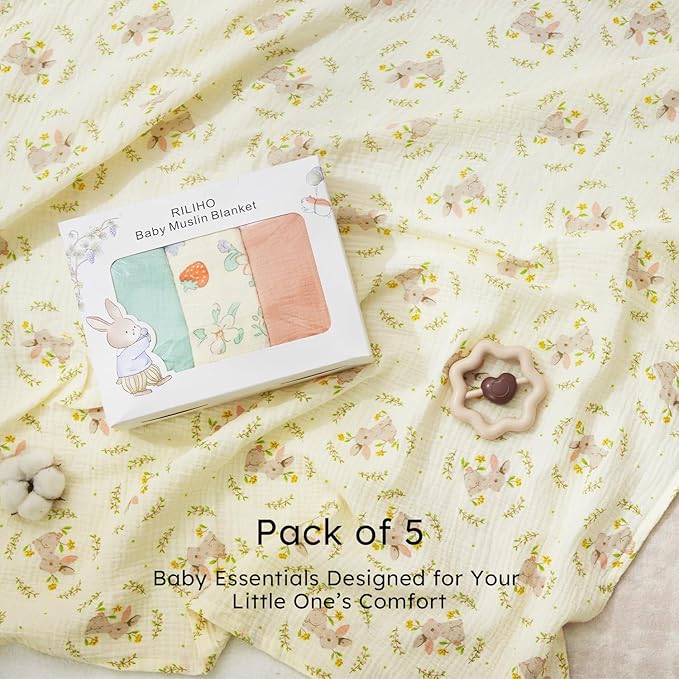 5 Pack Muslin Swaddle Blanket & Baby Burp Cloths, Soft & Breathable Receiving Blanket, Cotton Baby Blanket for Newborn Girl, Nursery Infant Essentials, Swaddling Wrap for Unisex