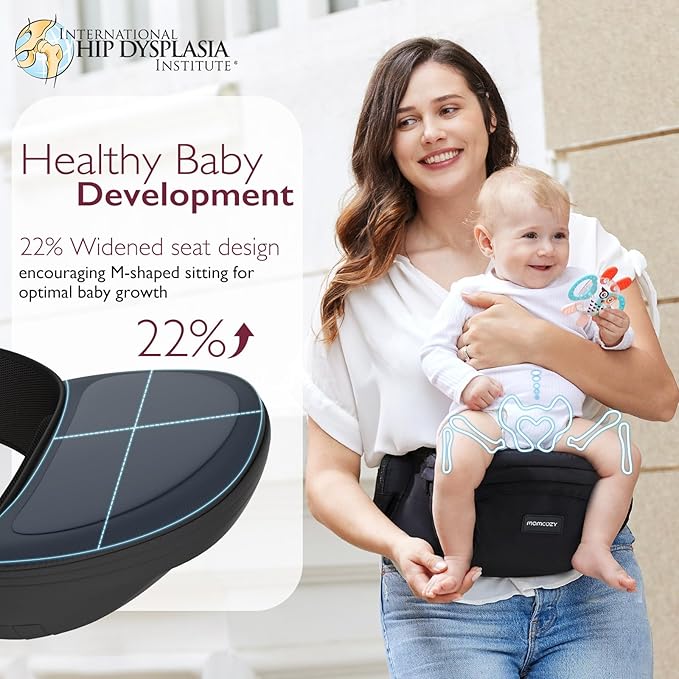 Momcozy Hip Seat Baby Carrier - Adjustable Waistband with Original 3D Belly Protector, Ergonomic Carrier with Various Pockets for Newborns & Toddlers up to 45lbs (Black, Large)