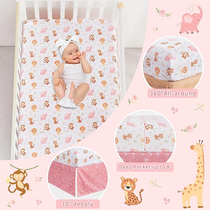 3 Piece Baby Crib Bedding Set, Infant Nursery Bed Set Decor with Quilt + Fitted Crib Sheet + Skirt, Baby Bedding Set Breathable and Soft for Baby Boy and Girl - Pink Elephant