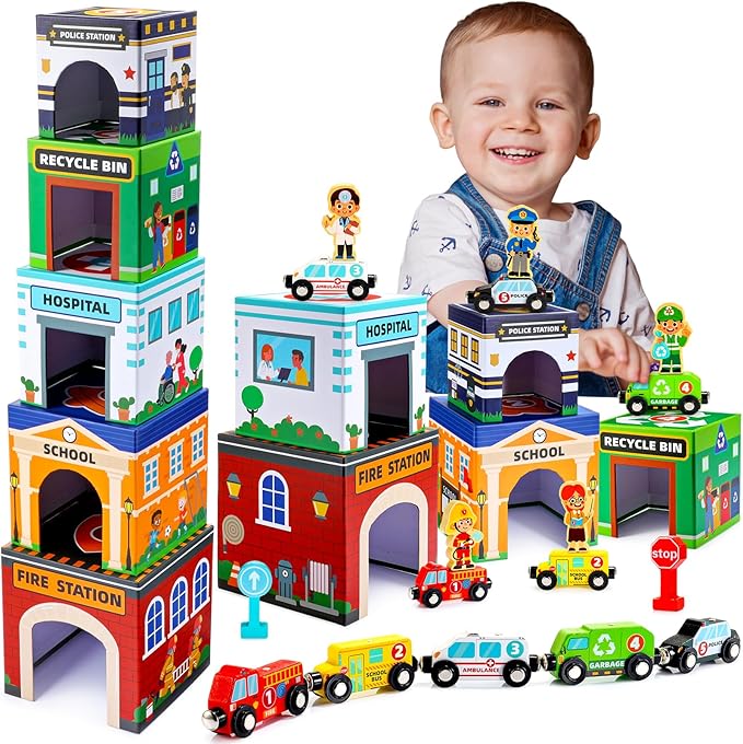 Baby Stacking Toys for Toddlers, Magnetic Wooden Cars & Garage Sorting Community Helpers Preschool Educational Learning Montessori Toys Birthday Gifts for Kids Number Blocks Nesting Boxes