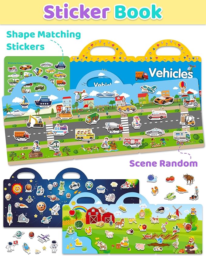 Benresive Reusable Sticker Book for Toddlers, Stickers for Kids, Toddler Travel Toys Activities Crafts Ages 3 and Up Easter Basket Stuffers Birthday Gifts - Farm, Space and Vehicle