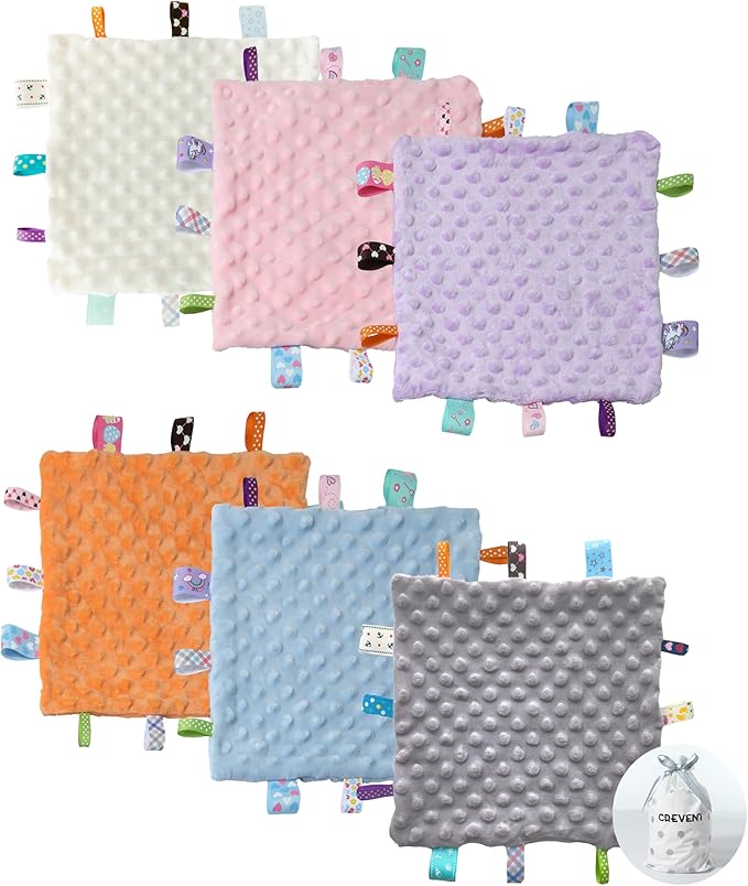 CREVENT Tag Security Blankets for Babies, Soft Small Loveys for Girls, Baby Comforter Sensory Blanket, Great Gifts for Birthday Baby Shower 10"X10" (Ivory + Pink + Grey + Blue + Orange + Purple)
