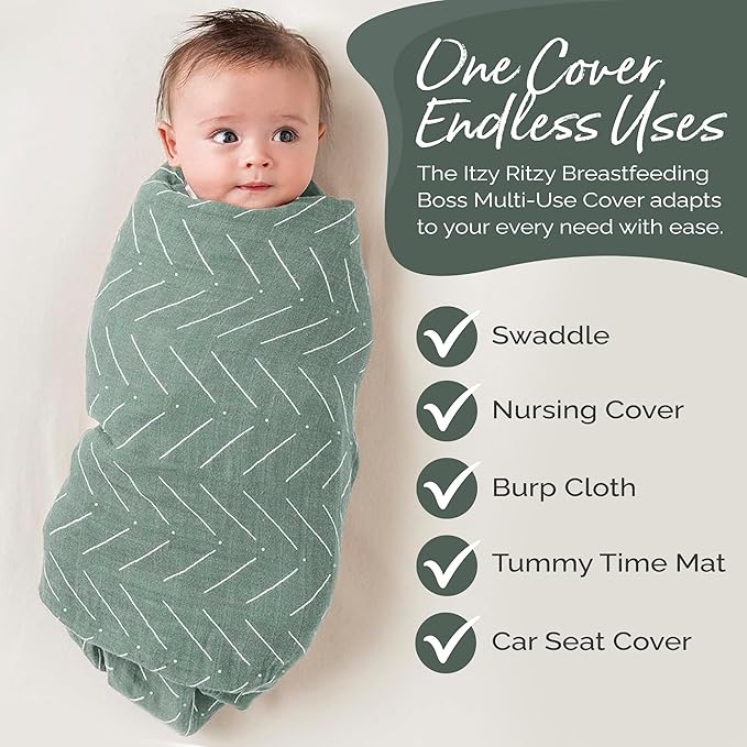 Itzy Ritzy Breastfeeding Boss Multi-Use Cover – A Nursing Cover, Swaddle, Car Seat Wrap, Tummy Time Mat & Burp Cloth All in One – Made of Soft Muslin Fabric & Measures 47” x 47” (Sage Mudcloth)
