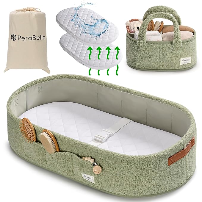 PeraBella Baby Changing Basket for Dresser Top, Baby Moses Basket for Newborn, Portable Diaper Changing Pad Table Topper for Dresser, Includes Diaper Caddy Organizer with Handle, Moses Bassinet Mat | Plush Exterior, Breathable Pad, Waterproof Layer, St...