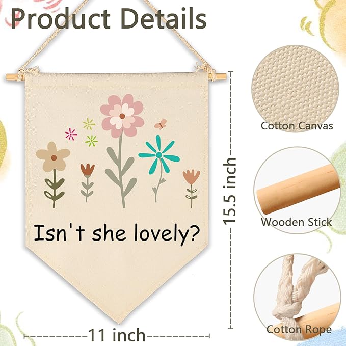 Isn't She Lovely Wildflower Nursery Decor-Girl Room Wall Decor-Canvas Hanging Pennant Banner Wall Sign Decor Gift for Baby Kids Girl Teen,Nursery Bedroom Playroom Décor
