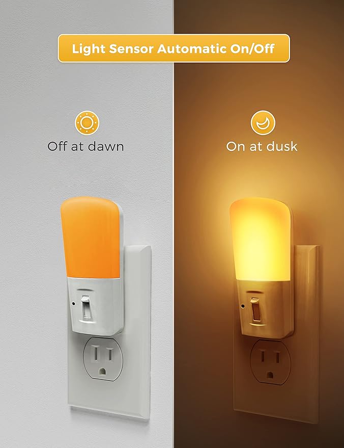 L LOHAS LED Amber Night Light, Dimmable Plug in Yellow Night Light with Dusk to Dawn Sensor, Kids Night Lights for Bedroom, 5-80LM Suit for Nursery, Hallway, Stairway,Bedroom, Bathroom, 2Pack