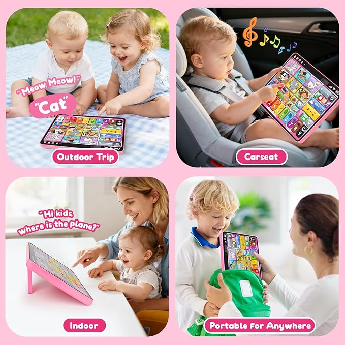 Trilingual Learning Toy Tablet with Music & Sound, Montessori Speech Therapy Toys for 1 Year Old Girl Boy Musical Baby Toy 12-18 Months Toddler Girl Toys Age 1-2 2-3 Birthday Gifts (Pink)
