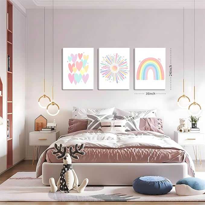 Framed Girls Rainbow Canvas Wall Art Set of 3, Colorful Boho Sun Nursery Wall Decor Painting, Kids Heart Picture Posters Prints for Classroom Kids Room Baby Room Bedroom Dorm Decor 16x24 In
