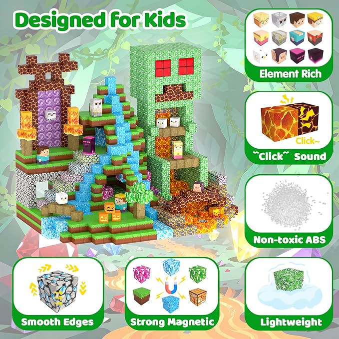 Magnetic Blocks, 208PCS Magnetic Building Blocks, Stacking Magnets for Kids, Sensory Toy for STEM Constructions Magnet Blocks for Boys Girls Age 3+, Christmas Birthday Gifts (Cavern Explore)