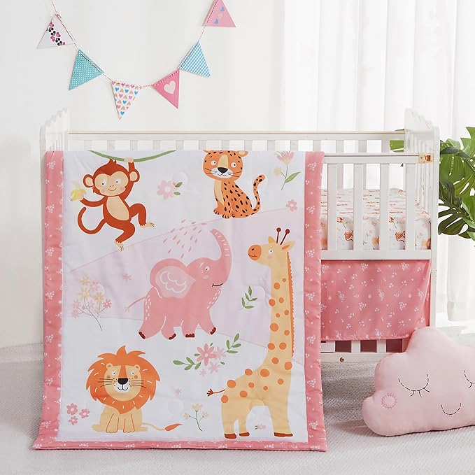 3 Piece Baby Crib Bedding Set, Infant Nursery Bed Set Decor with Quilt + Fitted Crib Sheet + Skirt, Baby Bedding Set Breathable and Soft for Baby Boy and Girl - Pink Elephant