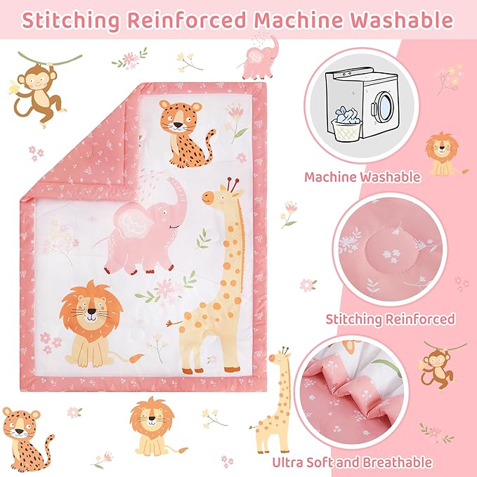 3 Piece Baby Crib Bedding Set, Infant Nursery Bed Set Decor with Quilt + Fitted Crib Sheet + Skirt, Baby Bedding Set Breathable and Soft for Baby Boy and Girl - Pink Elephant