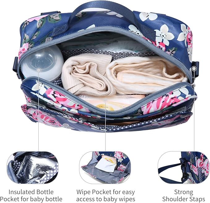 GOGOSO Baby Stroller Organizer Bag with Insulated Pocket, Universal Fit Most Strollers, Space for Diapers, Wipes & Toys Flower
