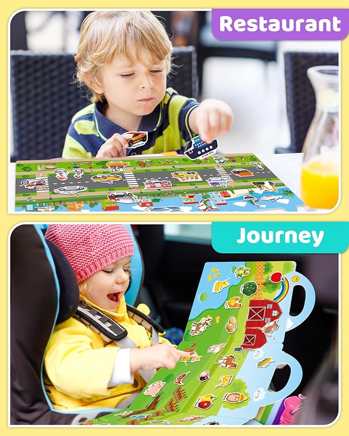 Benresive Reusable Sticker Book for Toddlers, Stickers for Kids, Toddler Travel Toys Activities Crafts Ages 3 and Up Easter Basket Stuffers Birthday Gifts - Farm, Space and Vehicle
