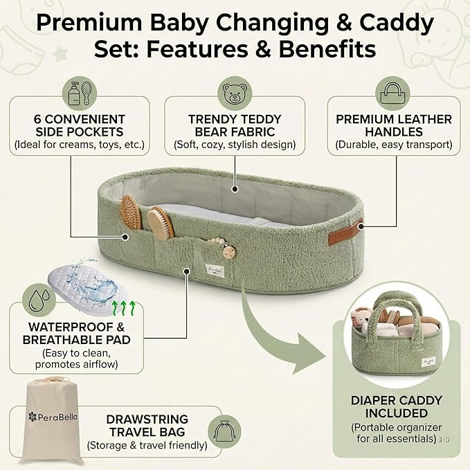 PeraBella Baby Changing Basket for Dresser Top, Baby Moses Basket for Newborn, Portable Diaper Changing Pad Table Topper for Dresser, Includes Diaper Caddy Organizer with Handle, Moses Bassinet Mat | Plush Exterior, Breathable Pad, Waterproof Layer, St...
