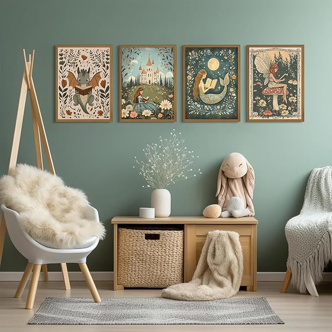 Nursery Fairy Dragon Wall Art Baby Room Reading Book Wall Decor Vintage Girl Dinosaur Canvas Prints Boy Whimsical Fantasy Poster Fairytale Princess Pictures Painting for Bedroom 12x16x4 Inch Unframed