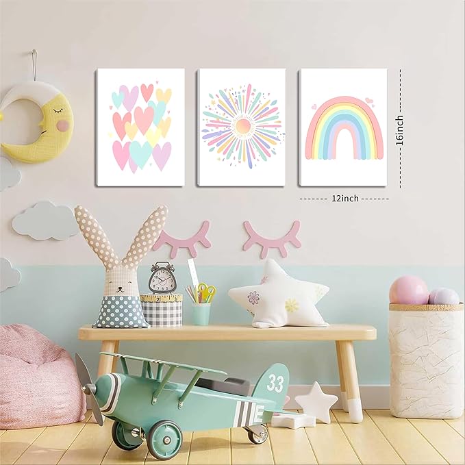Framed Girls Rainbow Canvas Wall Art Set of 3, Colorful Boho Sun Nursery Wall Decor Painting, Kids Heart Picture Posters Prints for Classroom Kids Room Baby Room Bedroom Dorm Decor 12x16 In