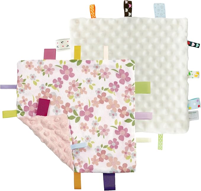 CREVENT Tag Security Blankets for Babies, Soft Small Loveys for Girls, Baby Comforter Sensory Blanket, Great Gifts for Birthday Baby Shower 10"X10" (Wildflow+Ivory)