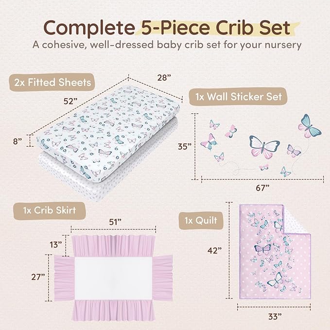 Butterfly Baby Crib Bedding Set Girl 28"x52", 8" Deep Pocket - 5 pcs Baby Bedding Set with Blanket, 2 Crib Sets for Girls Cotton Fitted Sheets, Skirt, and Butterfly Wall Sticker - White & Pink
