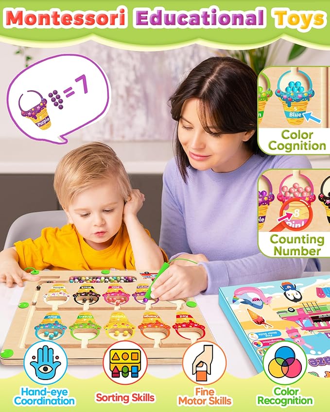 Magnetic Color and Number Maze, Montessori Toys for 2 3 4 Year Old, Wooden Color Matching Puzzle Board, Toddler Easter Basket Stuffers Educational Toys for Ages 2-4 for Girls Boys Birthday Gifts