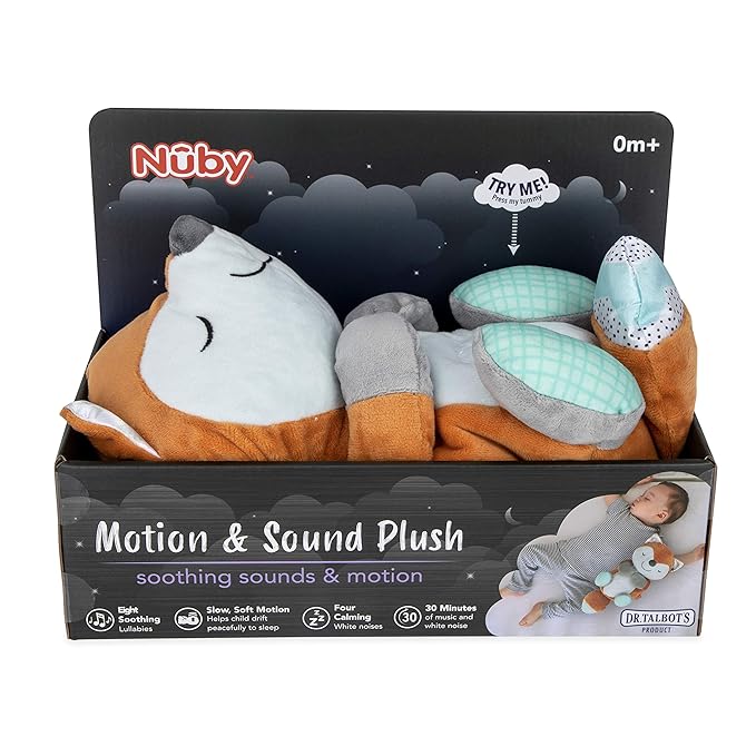 Nuby Lifelike Animated Sleeping Fox with 8 Soothing Lullabies & 4 Calming White Noises, 30 Min Non-Stop