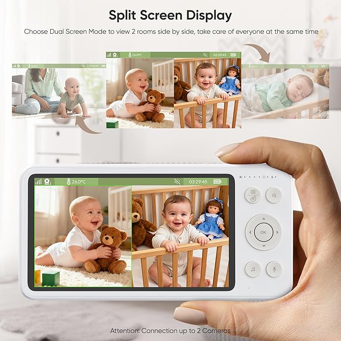 bonoch 2K 5.5" Split Screen Baby Monitor with 2 Cameras, 240hrs Battery Dual Video Monitor, White Noise, 1600ft Long-range, Hack-Proof No WiFi, Night Vision, Smart Detect for Cry/Sleep Turnover/Motion