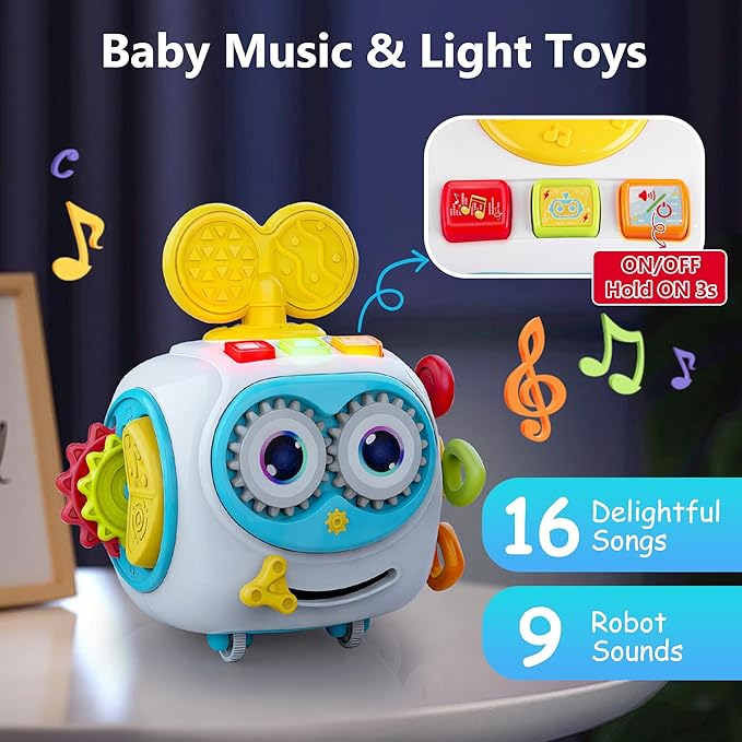 Musical Montessori Toys, Cube Sensory Toys for Toddlers 1-3 with Light-up, Baby Busy Educational Learning Activities Robot Toy for for 1 2 3 Year Old - Blue