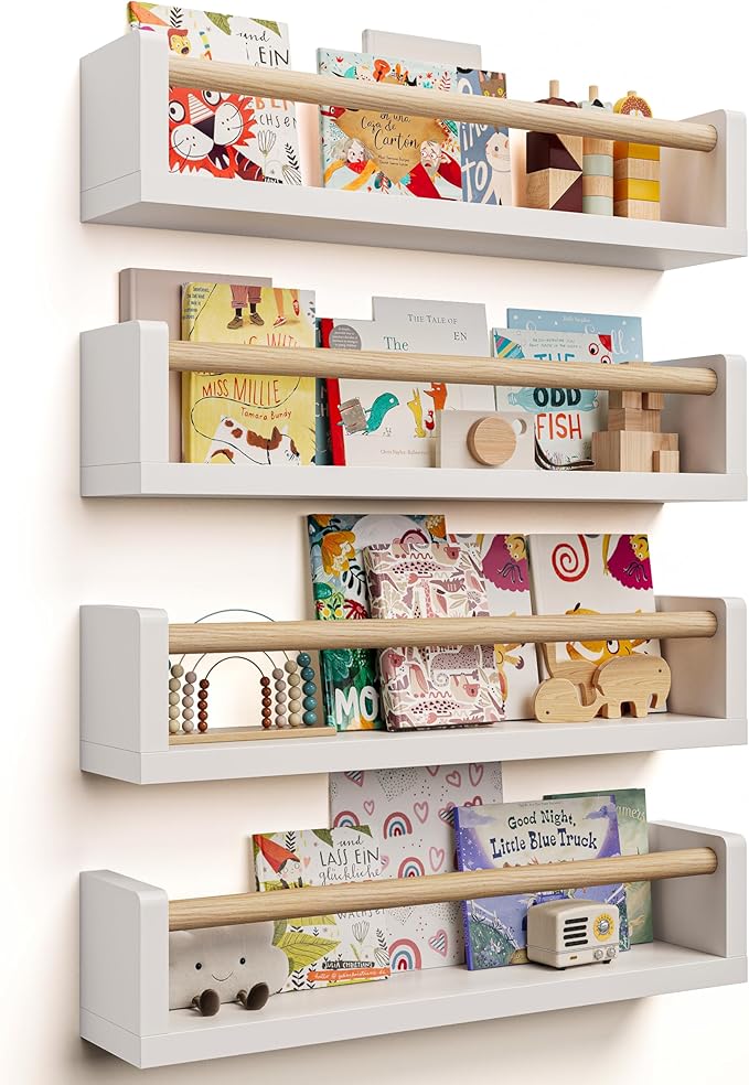Nursery Book Shelves, 4 Pack, Wall Book Shelves for Kids Room, Baby, Toddler, Nursery Decor (White Wood, 16.5 Inches)