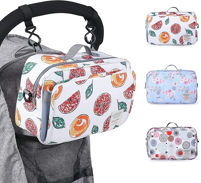 Non-Slip Stroller Organizer Bag for Diapers with Insulated Pocket, Stroller Hooks and Adjustable Strap,Universal Fit Most Strollers, Fruits