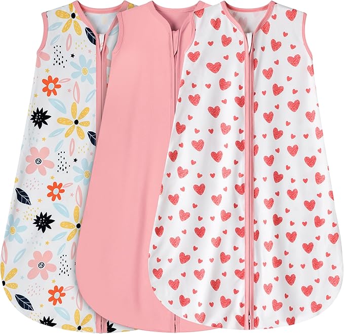 3 Pack Baby Sleep Sack 12-18 Months 100% Rayon Cotton Baby Sleeping Bag 2-Way Zipper Toddler Wearable Blankets Comfy Stretchy Lightweight TOG 0.3 （Heart&Pink&Floral）