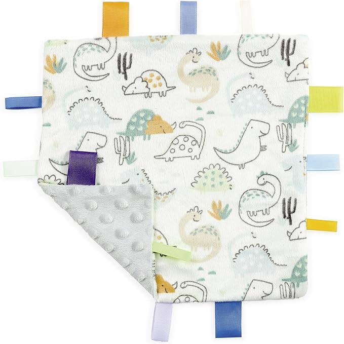 CREVENT Tag Security Blankets for Babies, Soft Small Loveys for Girls, Baby Comforter Sensory Blanket, Great Gifts for Birthday Baby Shower 10"X10" (Dinosaur)