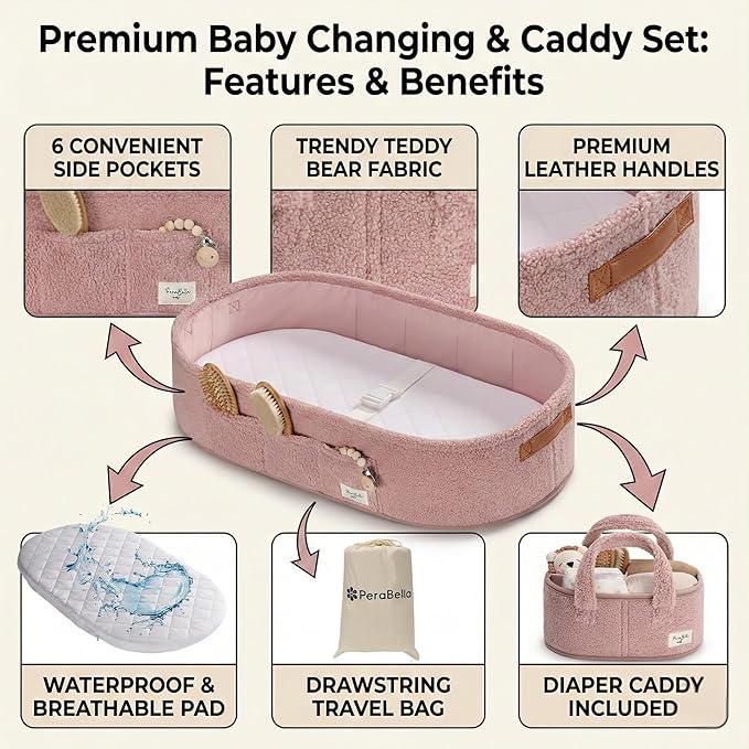 PeraBella Baby Changing Basket for Dresser Top, Baby Moses Basket for Newborn, Portable Diaper Changing Pad Table Topper for Dresser, Includes Diaper Caddy Organizer with Handle, Moses Bassinet Mat | Plush Exterior, Breathable Pad, Waterproof Layer, St...