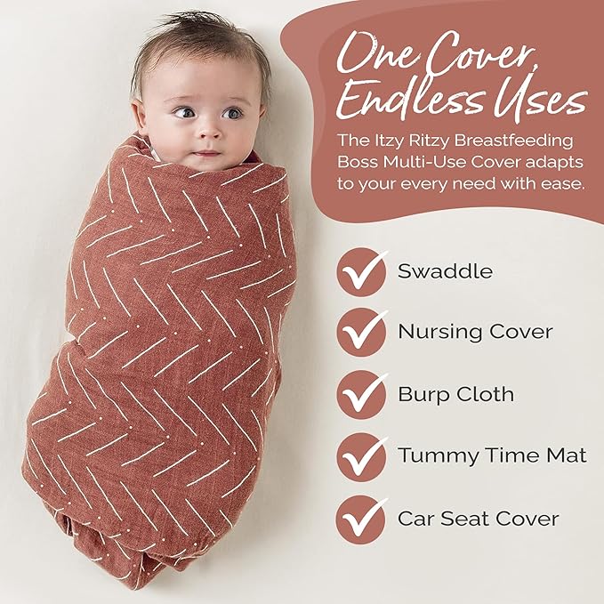 Itzy Ritzy Breastfeeding Boss Multi-Use Cover – A Nursing Cover, Swaddle, Car Seat Wrap, Tummy Time Mat & Burp Cloth All in One – Made of Soft Muslin Fabric & Measures 47” x 47” (Mudcloth)