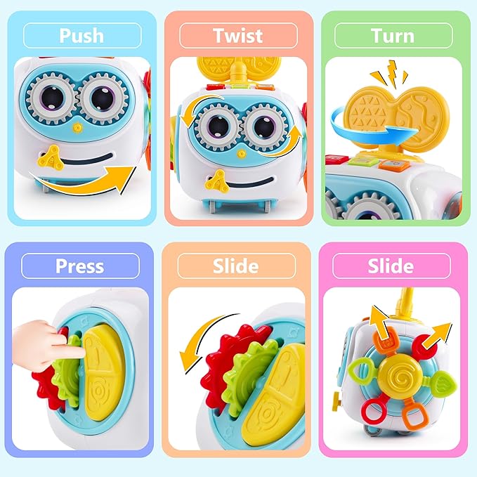 Musical Montessori Toys, Cube Sensory Toys for Toddlers 1-3 with Light-up, Baby Busy Educational Learning Activities Robot Toy for for 1 2 3 Year Old - Blue