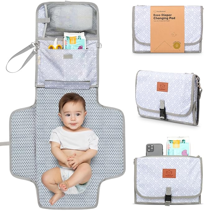 KeaBabies Portable Diaper Changing Pad - Large Waterproof Baby Changing Mat, Compact Travel Diaper Clutch, Functional Pockets Fit Newborn Essentials, Wipeable & Padded Baby Changer (Gray Mod)